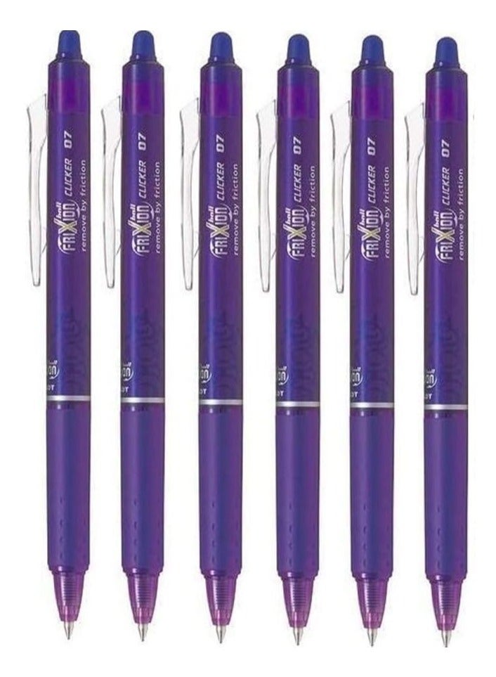 Pilot Purple/Violet Frixion Clicker Retractable Fine Rollerball Erasable Pens Pen 0.7mm Nib Tip 0.35mm Line BLRT-FR7 (Pack Of 6)