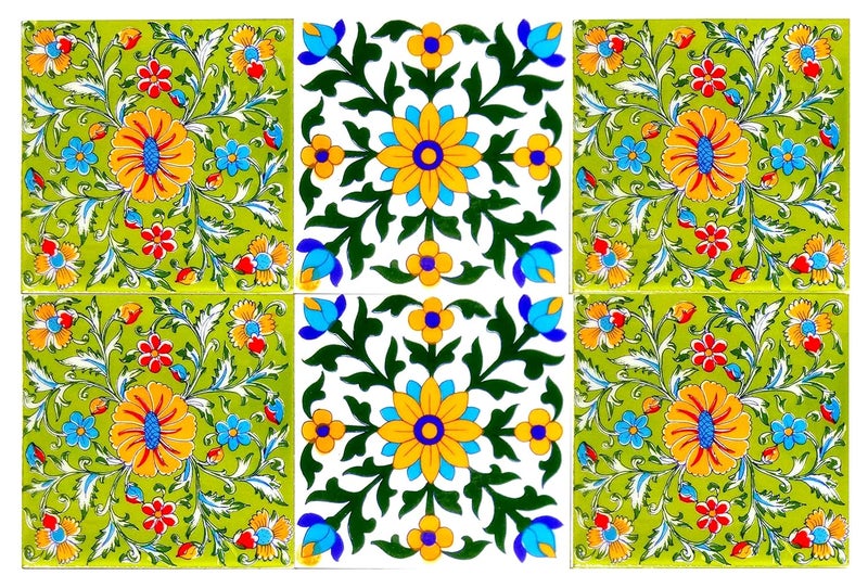 Shiv Kripa Blue Pottery Shiv Kripa Blue Pottery Home Decor Stairs Moroccan Interior Exterior Tabletop Floor Install Wall Ceramic Handcrafted Painted Wall Tiles 6 x 6 Inch Set of 6 Tiles Multi 