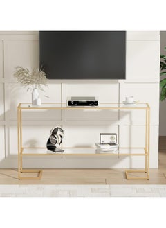 YINZUO YINZUO Modern Narrow Console Table with Tempered Glass Top and Metal Frame – 2-Tier Entryway Table with Shelves for Living Room Frame Material 2 cm (Matt Gold, Big)  - Image 3