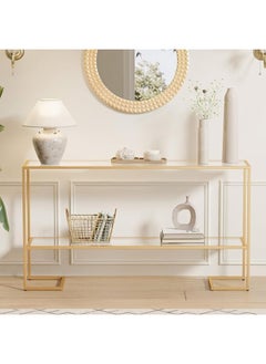 YINZUO YINZUO Modern Narrow Console Table with Tempered Glass Top and Metal Frame – 2-Tier Entryway Table with Shelves for Living Room Frame Material 2 cm (Matt Gold, Big)  - Image 4