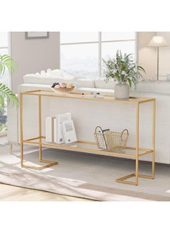 YINZUO YINZUO Modern Narrow Console Table with Tempered Glass Top and Metal Frame – 2-Tier Entryway Table with Shelves for Living Room Frame Material 2 cm (Matt Gold, Big)  - Image 1