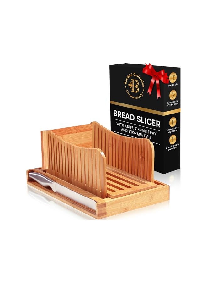 Bambusi Luxury Bamboo Bread Slicer With - 3 Slice Thickness, Foldable Compact Cutting Guide With Crumb Tray, Stainless Steel Bread For Homemade Bread, Cake, Bagels 5.5 Wide x 5 Tall  - Image 1