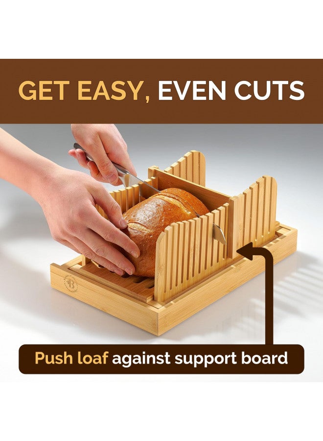 Bambusi Luxury Bamboo Bread Slicer With - 3 Slice Thickness, Foldable Compact Cutting Guide With Crumb Tray, Stainless Steel Bread For Homemade Bread, Cake, Bagels 5.5 Wide x 5 Tall  - Image 3