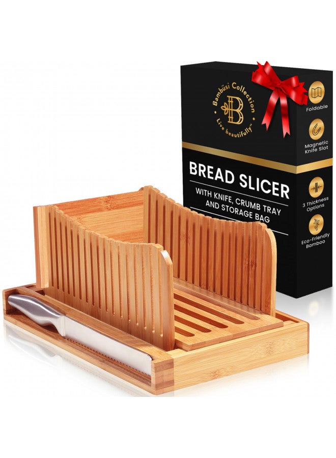 Bambusi Luxury Bamboo Bread Slicer With - 3 Slice Thickness, Foldable Compact Cutting Guide With Crumb Tray, Stainless Steel Bread For Homemade Bread, Cake, Bagels 5.5 Wide x 5 Tall  - Image 2
