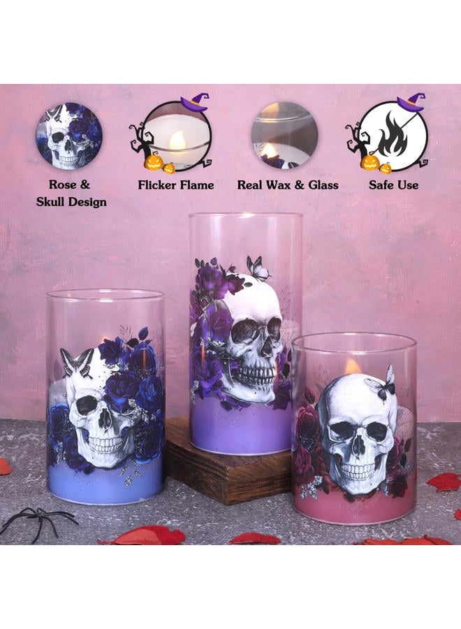 Immeiscent LED Flameless Candles with Big Skull Design, Set of 3, Pink Blue Purple Glass, Remote Control & Timer, Halloween Decor - Image 3