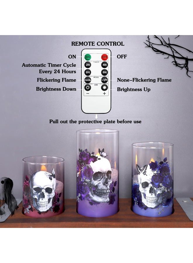 Immeiscent LED Flameless Candles with Big Skull Design, Set of 3, Pink Blue Purple Glass, Remote Control & Timer, Halloween Decor - Image 4