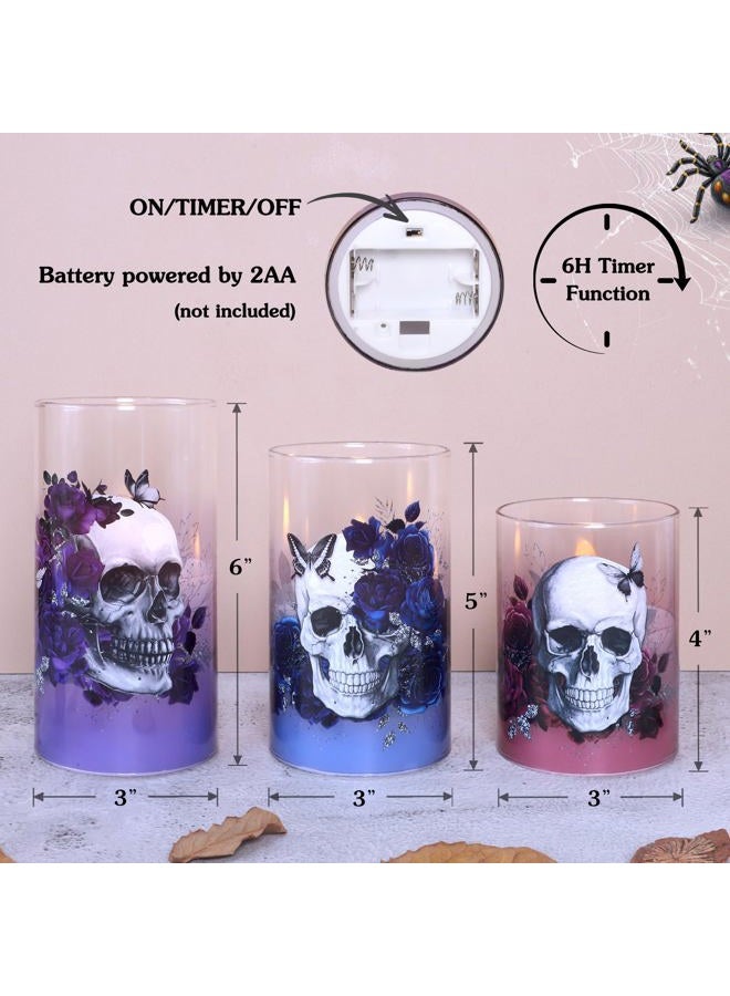 Immeiscent LED Flameless Candles with Big Skull Design, Set of 3, Pink Blue Purple Glass, Remote Control & Timer, Halloween Decor - Image 5