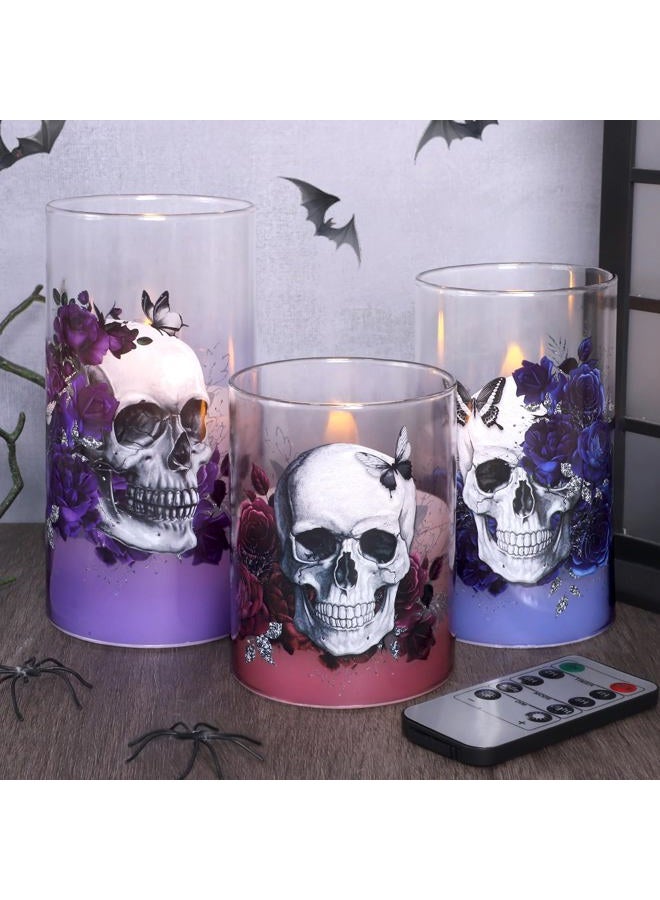 Immeiscent LED Flameless Candles with Big Skull Design, Set of 3, Pink Blue Purple Glass, Remote Control & Timer, Halloween Decor - Image 1