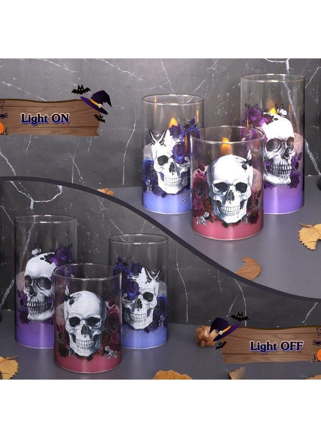 Immeiscent LED Flameless Candles with Big Skull Design, Set of 3, Pink Blue Purple Glass, Remote Control & Timer, Halloween Decor - Image 2