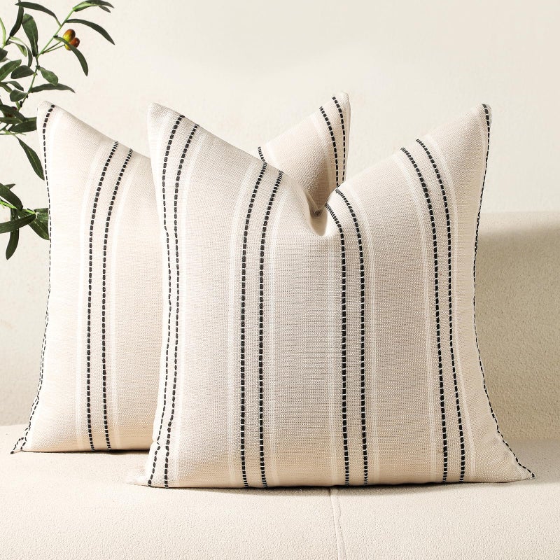 Hckot Throw Pillow Covers 24x24 Set of 2 Striped Pillow Covers Textured Linen Decorative Pillows Square Cushion Covers for Sofa Couch Bed Living Room Farmhouse Decor,Black - Image 1