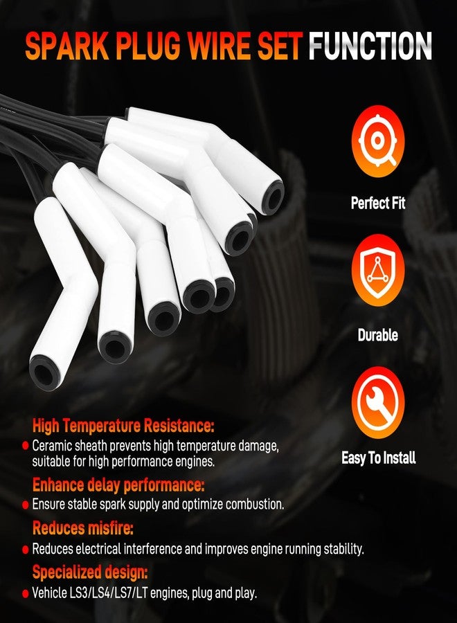 GDUKOP 8pcs Spark Plug Wires 9070C and 2500 Degree Thermal Protection Insulator Sleeve, 9070C Spark Plug Wire with Extreme 9000 Ceramic Boot Compatible with LS Terminals LS3 LS4 LS7 LT Engines - Image 3