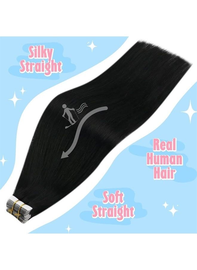 Sunny Hair - Tape in Black Hair Extensions Real Human Hair, Sunny Natural Black Tape in Human Hair Extensions Invisible Tape Hair Extensions Real Human Hair Black Long Hair 50g 20pcs 24inch - Image 1
