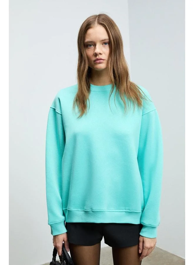 GRIMELANGE KARIUS Women's Organic Cotton Fleece-Lined Oversized Round-Neck Blue Sweatshirt.