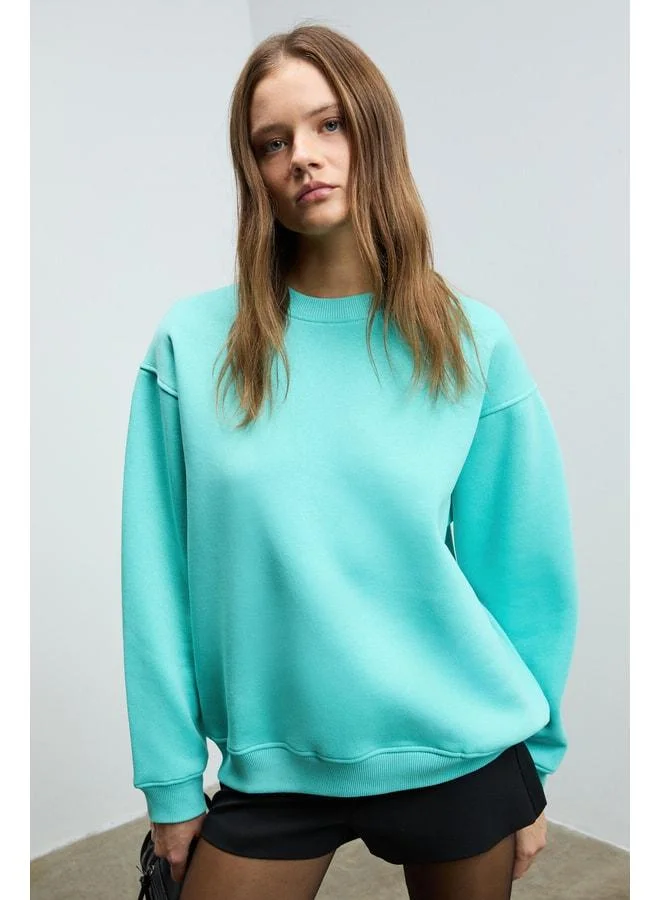 GRIMELANGE KARIUS Women's Organic Cotton Fleece-Lined Oversized Round-Neck Blue Sweatshirt.
