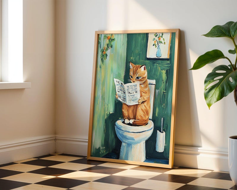 TNESSENTIAL Cat on Toilet Print - Funny Bathroom Wall Art, Cat Bathroom Print, Cat Toilet Print, Dopamine Decor, Bathroom Poster, Toilet Art, Cat Gift - Image 1