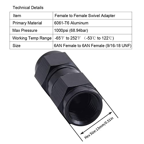 CNRAQR 6AN Female to 6AN Female Straight Swivel Coupler Fitting Adapter 9/16-18UNF Thread Aluminium Anodized Black 2PCS - Image 2