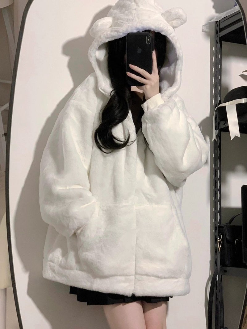 2024 Cute Lamb Wool Hoodie Coat Women White