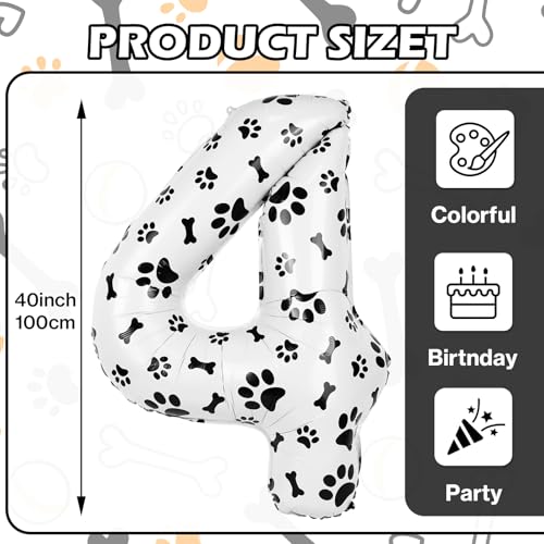 AXBMM 40 Inch Dog Foil Birthday Balloons Black White Dog Paw and Bone Print Number 4 Balloons for Girls Boys 4th Birthday Party DecorationsNumber 4 - Image 5