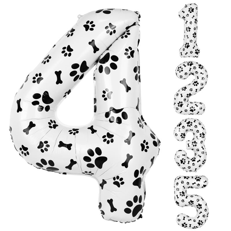 AXBMM 40 Inch Dog Foil Birthday Balloons Black White Dog Paw and Bone Print Number 4 Balloons for Girls Boys 4th Birthday Party DecorationsNumber 4 - Image 3