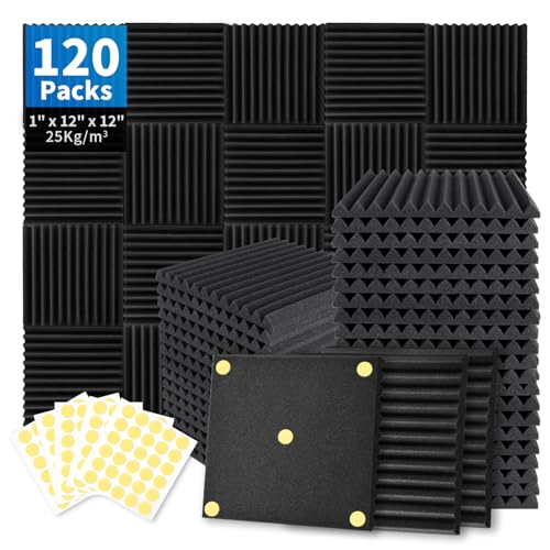 Focusound 120 Pack Acoustic Foam Panels 1" x 12" x 12" Sound Proof Foam Panels Soundproofing Noise Cancelling Wedge Panels for Home Office Recoding Studio with 600 PCS Double-Side Adhesive - Image 1