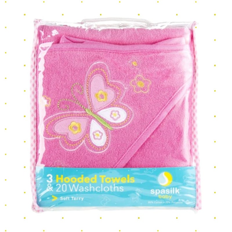 Spasilk Bath Hooded Towels & Washcloths Set for Babies, 23-Piece Gift Set, Pink Butterfly, (Gift GBA23 07) - Image 3