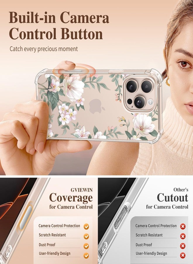 GVIEWIN Compatible with iPhone 16 Pro Max Case [Camera Control Covered] 6.9" with Screen Protector & Camera Lens Protector,Clear Shockproof Drop Protection Anti-scratch Floral Cover,Magnolia/White - Image 5