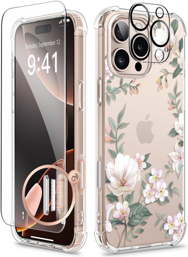GVIEWIN Compatible with iPhone 16 Pro Max Case [Camera Control Covered] 6.9" with Screen Protector & Camera Lens Protector,Clear Shockproof Drop Protection Anti-scratch Floral Cover,Magnolia/White - Image 1