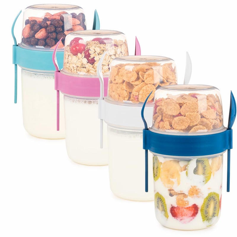EYNEL 4 Pack Breakfast 22 oz On The Go Cups with Lids and Spoon, Reusable Cereal Yogurt Cup with Topping Plastic Overnight Oats Container for Granola Oatmeal (22 oz - 4 Pack) - Image 1