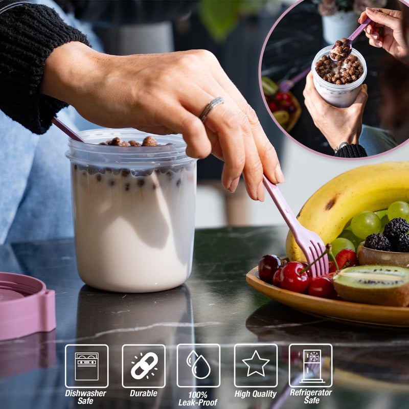 EYNEL 4 Pack Breakfast 22 oz On The Go Cups with Lids and Spoon, Reusable Cereal Yogurt Cup with Topping Plastic Overnight Oats Container for Granola Oatmeal (22 oz - 4 Pack) - Image 3