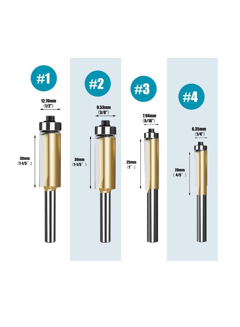 Zikra Flush Trim Router Bits Set 1/4'' Shank Carbide Template Top Bearing Flush Trim Bits Set Handy Durable Sharp Prevent Tear-Out - Image 2