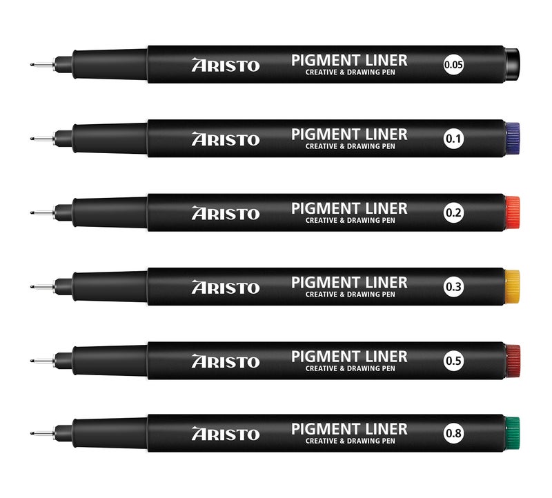 Aristo Precision Pigment Liners Fineliner Set 6 Fine Tip Drawing Pens for Artists Waterproof Archival Black Ink Ideal for Illustrations Sketching Technical Drawing - Image 1
