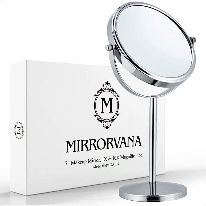10X MAGNIFYING MAKEUP MIRROR ON ROUND STAND FOR TABLETOP BEDROOM VANITY DESK AND BATHROOM COUNTER FREE STANDING DOUBLE SIDED 10X1X MAGNIFICATION MIRROR 7 WIDE AND 14 TALL CHROME