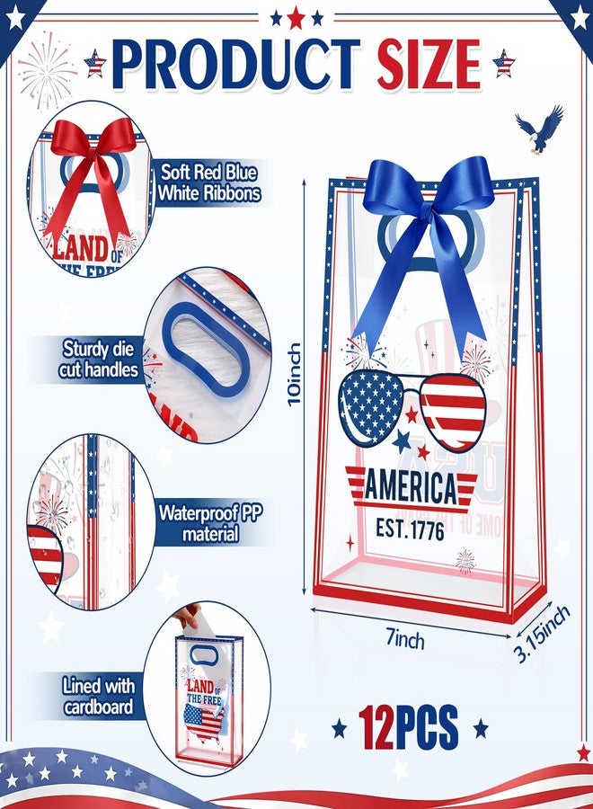 Aliceset 12 Pack 4th of July Clear Gift Bags with Handles Patriotic Goodie Bags with Bow Ribbon Decor for USA Red White Blue Veterans Party Candy Snacks Treat Favor, 10x7x3.15'' (Independence Day - Image 2