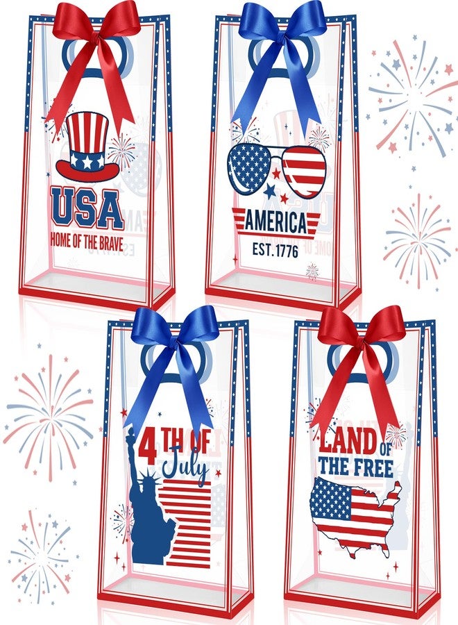 Aliceset 12 Pack 4th of July Clear Gift Bags with Handles Patriotic Goodie Bags with Bow Ribbon Decor for USA Red White Blue Veterans Party Candy Snacks Treat Favor, 10x7x3.15'' (Independence Day - Image 1