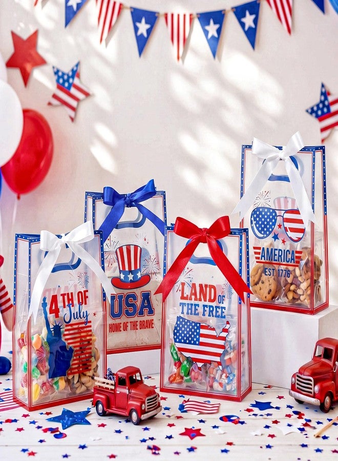 Aliceset 12 Pack 4th of July Clear Gift Bags with Handles Patriotic Goodie Bags with Bow Ribbon Decor for USA Red White Blue Veterans Party Candy Snacks Treat Favor, 10x7x3.15'' (Independence Day - Image 3