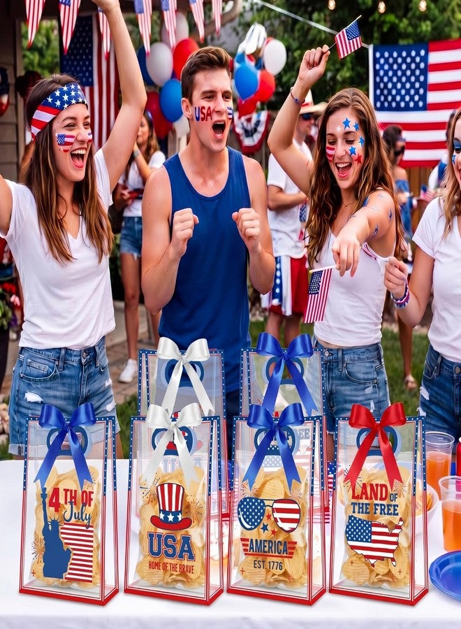 Aliceset 12 Pack 4th of July Clear Gift Bags with Handles Patriotic Goodie Bags with Bow Ribbon Decor for USA Red White Blue Veterans Party Candy Snacks Treat Favor, 10x7x3.15'' (Independence Day - Image 5