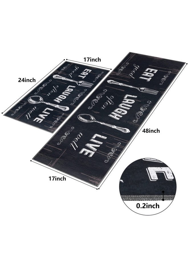 Carvapet 2 Pieces Kitchen Rug Set Non-Slip Backing Mat Throw For Kitchen Doormat Runner, Motto Design, Blackish/Dark Grey (17"X48"+17"X24") - Image 2