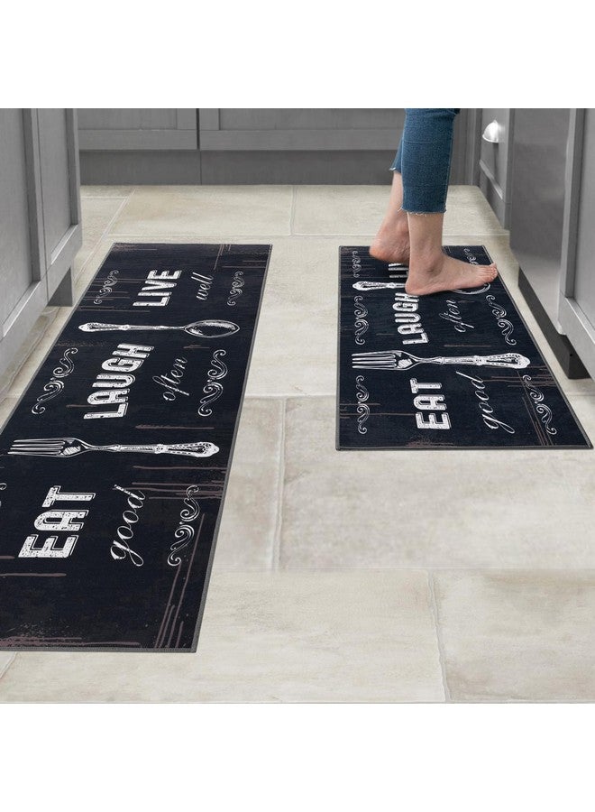 Carvapet 2 Pieces Kitchen Rug Set Non-Slip Backing Mat Throw For Kitchen Doormat Runner, Motto Design, Blackish/Dark Grey (17"X48"+17"X24") - Image 5