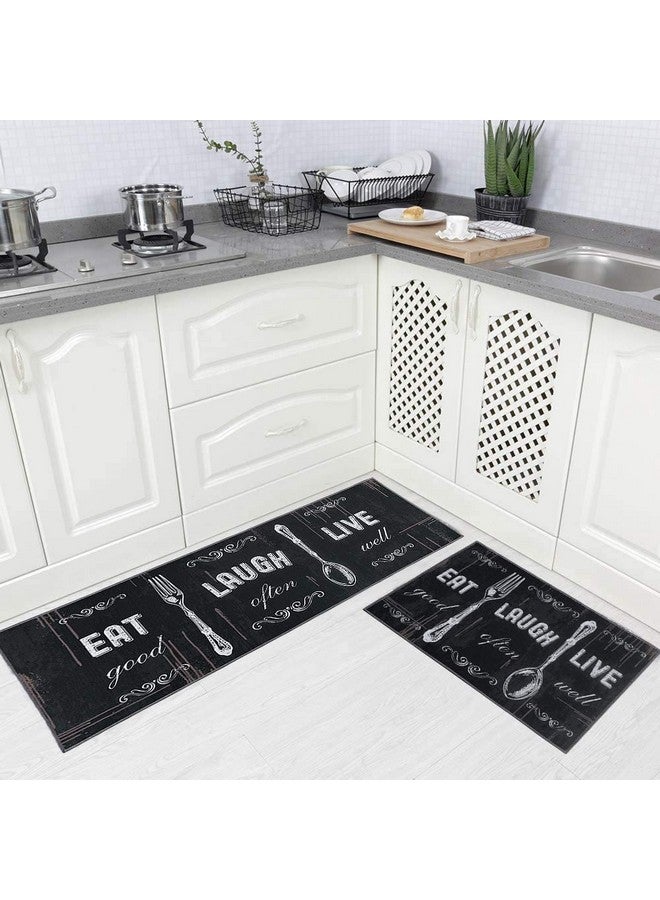 Carvapet 2 Pieces Kitchen Rug Set Non-Slip Backing Mat Throw For Kitchen Doormat Runner, Motto Design, Blackish/Dark Grey (17"X48"+17"X24") - Image 1