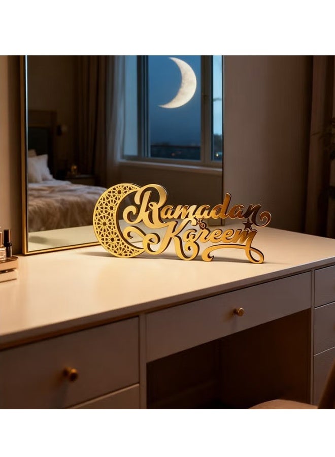 JS Ramadan Eid Al-Fitr Decorative Sign | Wooden and Acrylic Material | Moon and Mosque Pattern | Islamic Muslim Style Tabletop Ornament | Gold 3D Letters | Indoor Home Party and Dining Table Decoration - Image 4