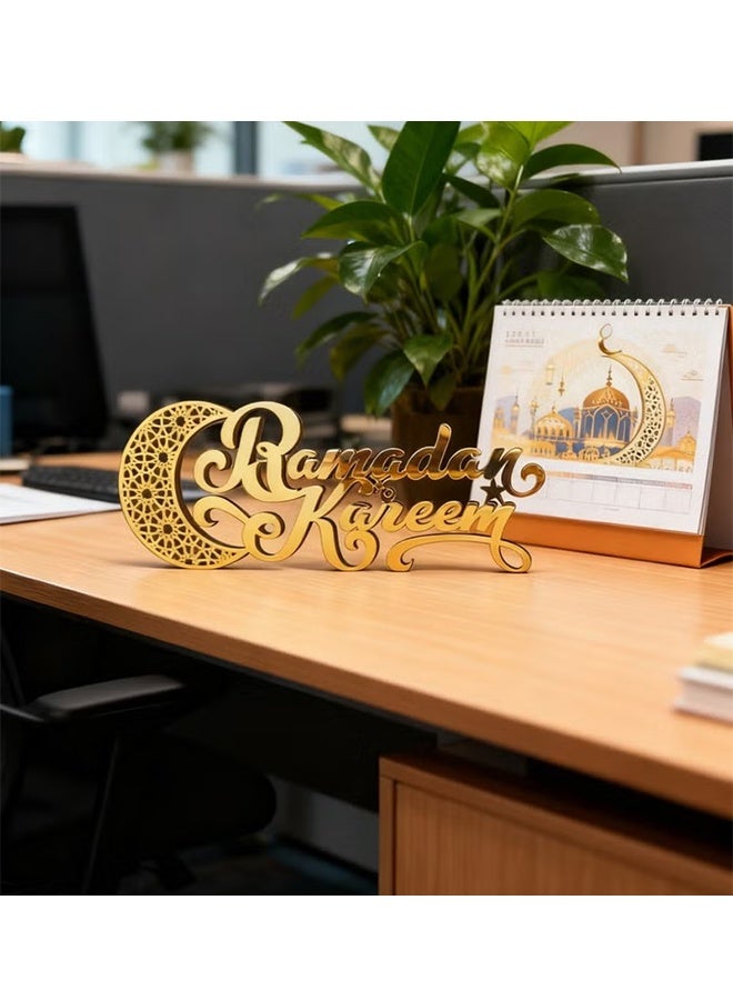 JS Ramadan Eid Al-Fitr Decorative Sign | Wooden and Acrylic Material | Moon and Mosque Pattern | Islamic Muslim Style Tabletop Ornament | Gold 3D Letters | Indoor Home Party and Dining Table Decoration - Image 2