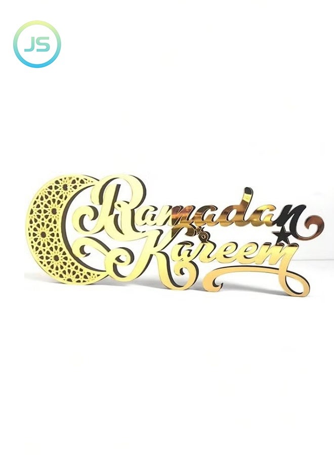 JS Ramadan Eid Al-Fitr Decorative Sign | Wooden and Acrylic Material | Moon and Mosque Pattern | Islamic Muslim Style Tabletop Ornament | Gold 3D Letters | Indoor Home Party and Dining Table Decoration - Image 1