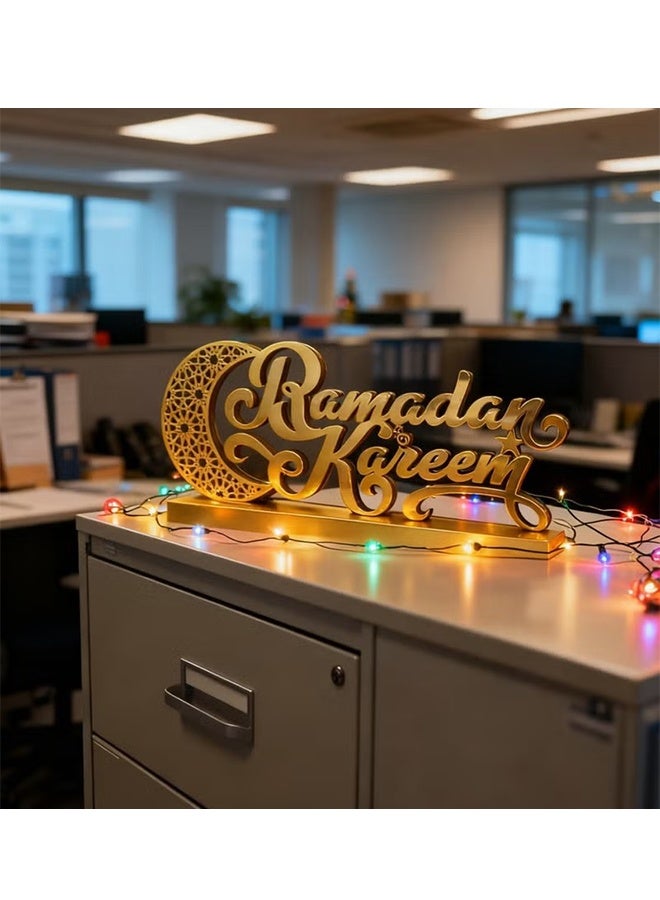 JS Ramadan Eid Al-Fitr Decorative Sign | Wooden and Acrylic Material | Moon and Mosque Pattern | Islamic Muslim Style Tabletop Ornament | Gold 3D Letters | Indoor Home Party and Dining Table Decoration - Image 3