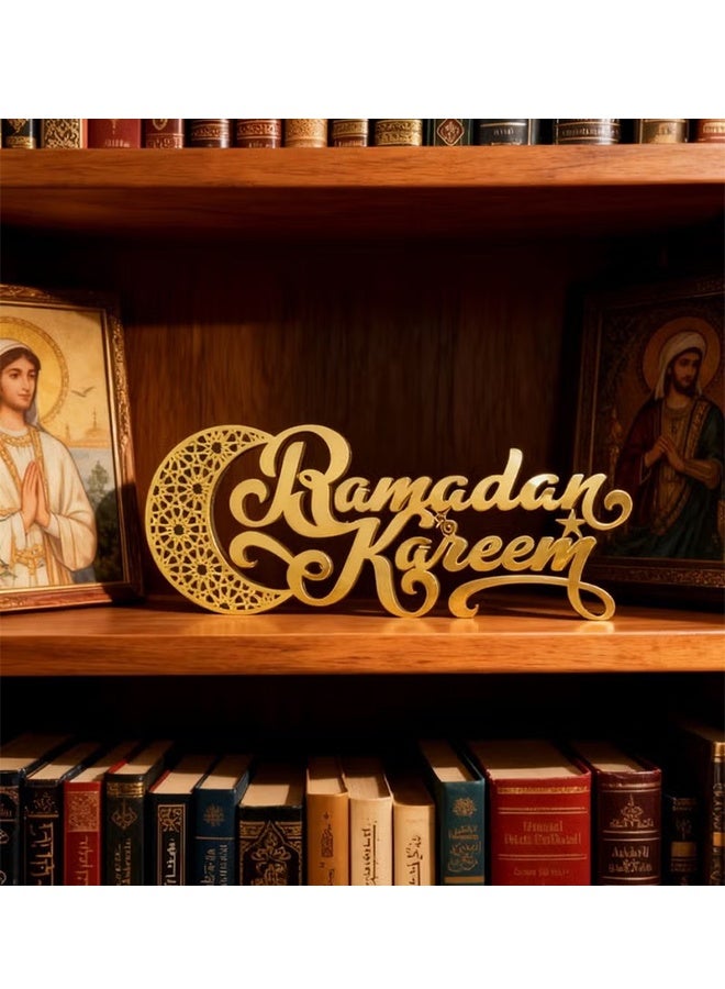 JS Ramadan Eid Al-Fitr Decorative Sign | Wooden and Acrylic Material | Moon and Mosque Pattern | Islamic Muslim Style Tabletop Ornament | Gold 3D Letters | Indoor Home Party and Dining Table Decoration - Image 5