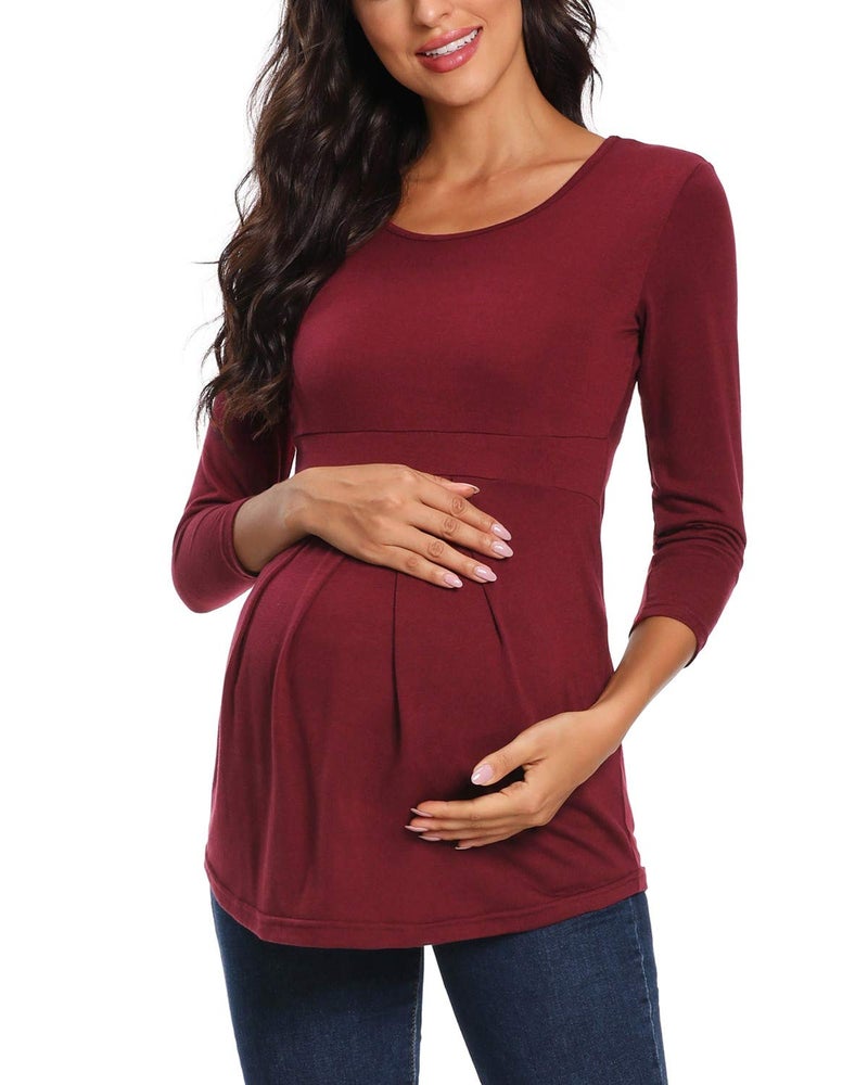 Glampunch Women's Maternity Tops Short & 3/4 Sleeve Round Neck Front Pleat Peplum Tunic Top Pregnancy Shirts - Image 1