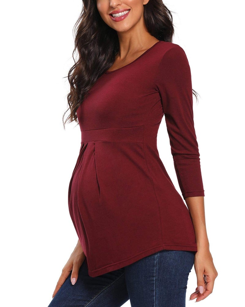 Glampunch Women's Maternity Tops Short & 3/4 Sleeve Round Neck Front Pleat Peplum Tunic Top Pregnancy Shirts - Image 2