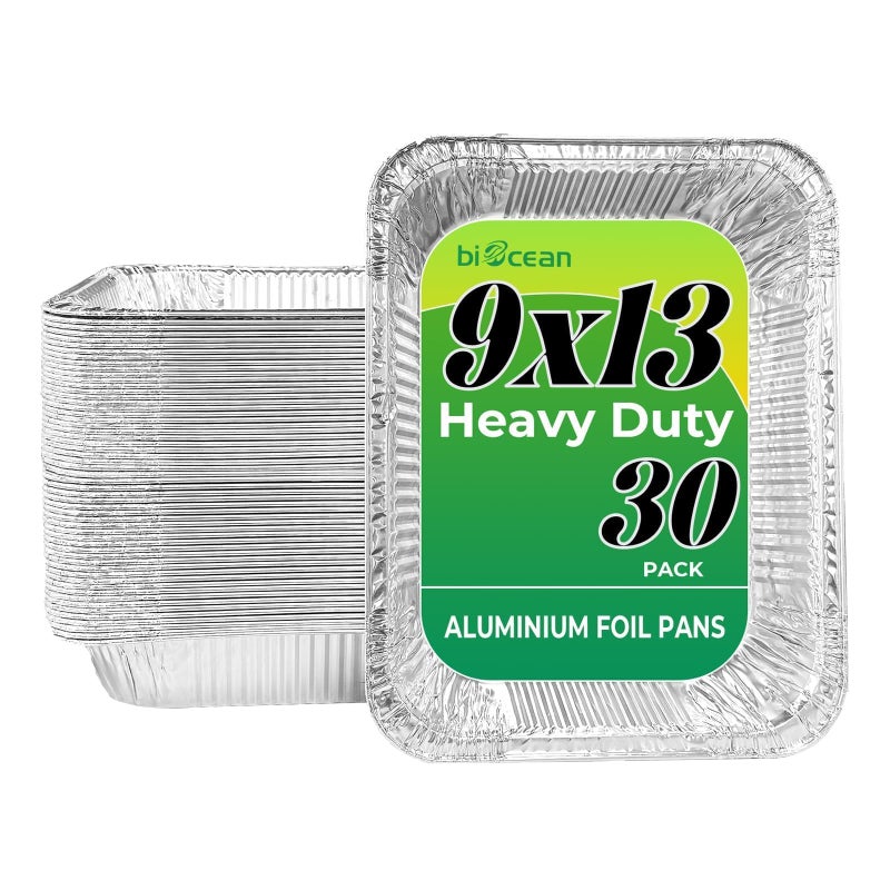 biocean Aluminum Pans 9x13 Inch 30 Pack Extra Heavy Duty Foil Pans with Half Size Deep Steam Aluminum Tray Tin Foil Pans for Prepping Food Storing Heating Cooking Baking Roasting