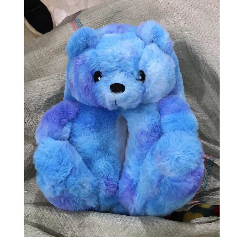 Cross-border best-selling teddy bear slippers floor home warm shoes couple home teddy bear slippers Blue tie-dyed adult style (26cm, less than 41 yards)