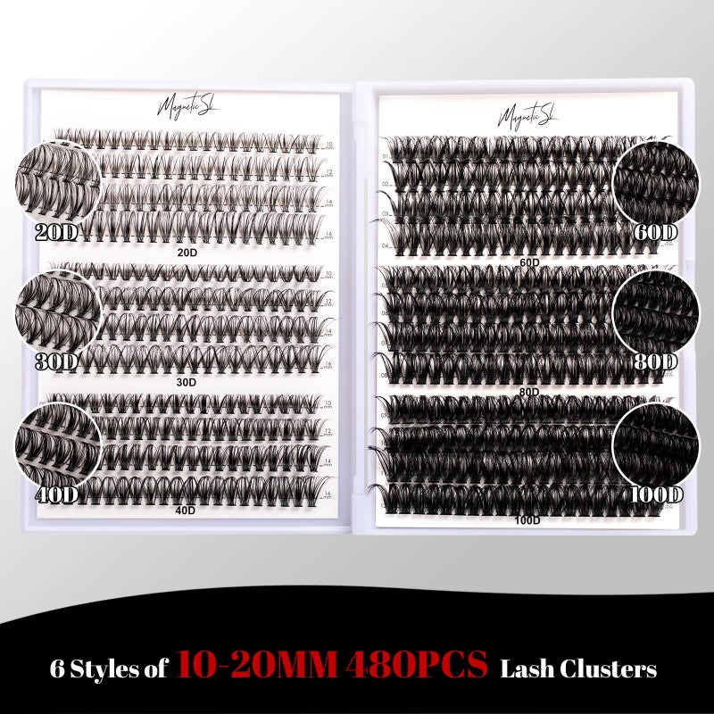 Magnetic SL Lash Clusters 480 Clusters 10-20mm False Eyelash 60D 80D 100D Thick Eyelash Extension 20D 30D 40D Individual Eyelashes Multi-Style DIY Lash Extensions for Beginners(20D-100D-D, 10-20MIX) - Image 2
