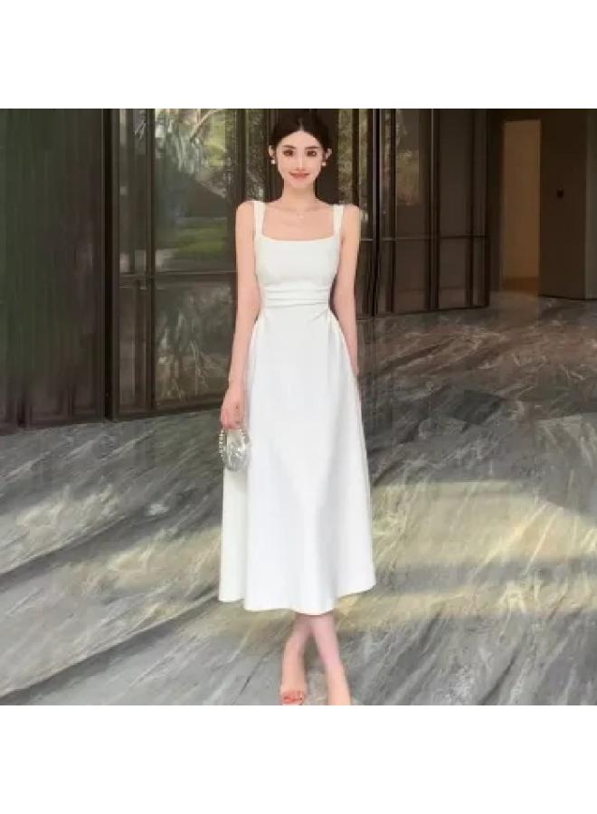 French Style White Sling Dress Women's Summer Cold Square Collar Dress Beautiful Slim Fit Waist A-line Dress 